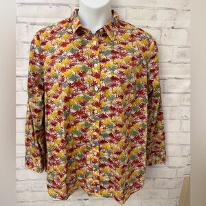 Talbots Woman Sz 2X Fall Autumn Button Down Blouse Top Trees Cotton‎ Red Yellow